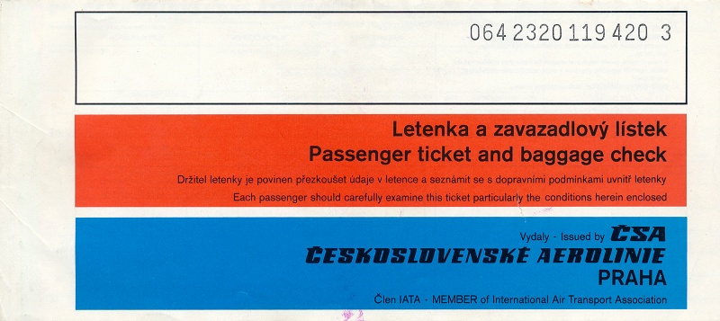 Letenka ČSA z roku 1983