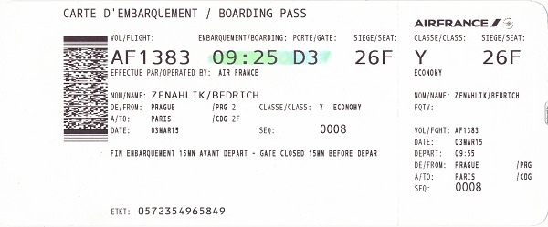 palubní lístek Air France 3.3.2015