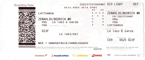 palubní lístek Airbus A320-214, Lufthansa 4.2.2017