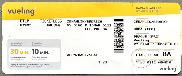Boarding Pass, Vueling Airlines, 10.3.2016
